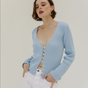 Musier Paris Light Blue Cardigan w/ Pearl Buttons